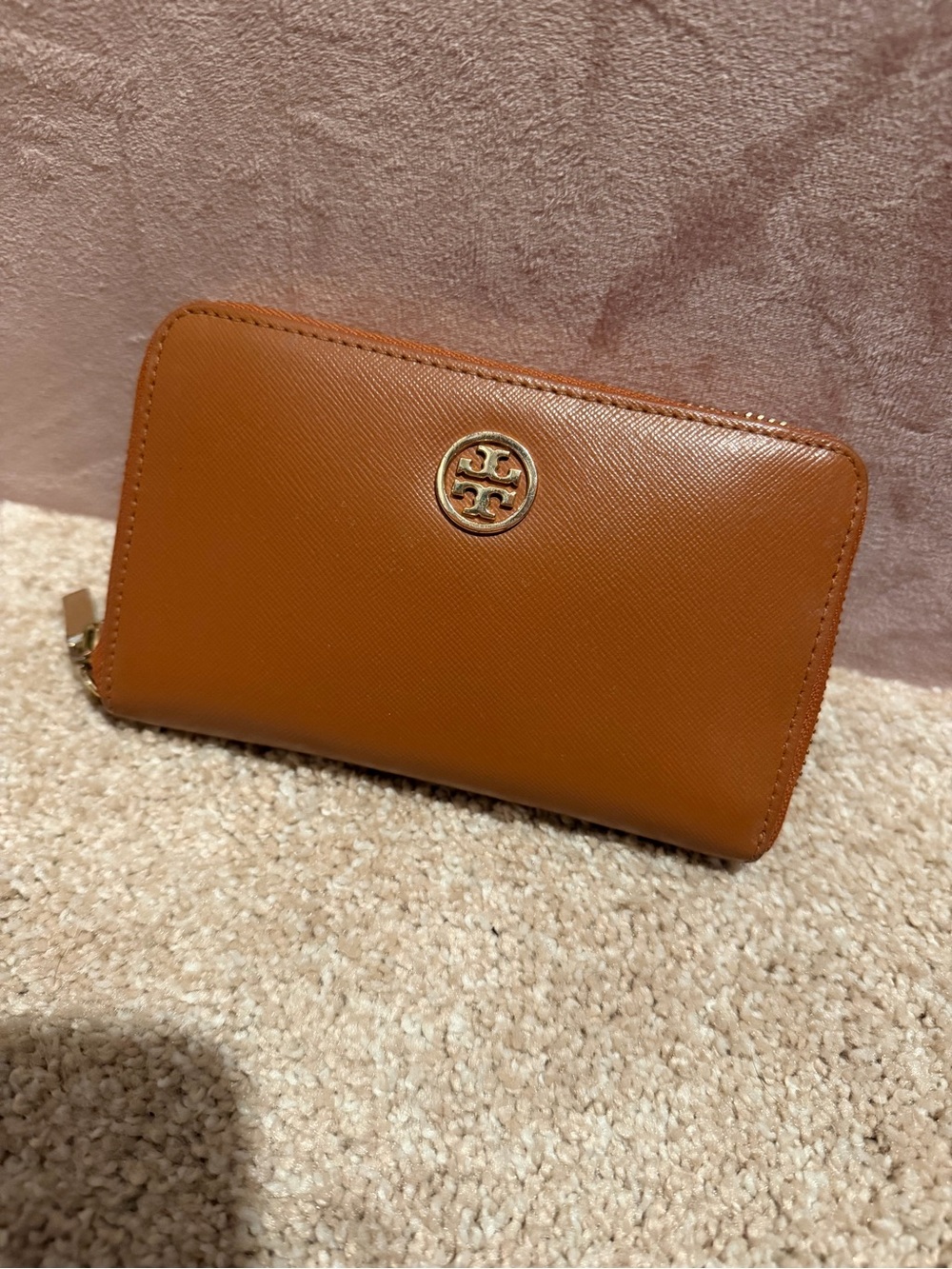 Tory Burch Caramel Zip Around Wallet with Logo